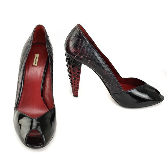 Miu Miu Shoes - MIU MIU: Black, Leather & "Python" Crystal Heels